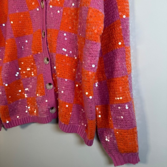 BiBi Checkerboard Sequin Button Up Cardigan Sweater XL V-Neck Chunky Knit - Picture 2 of 6